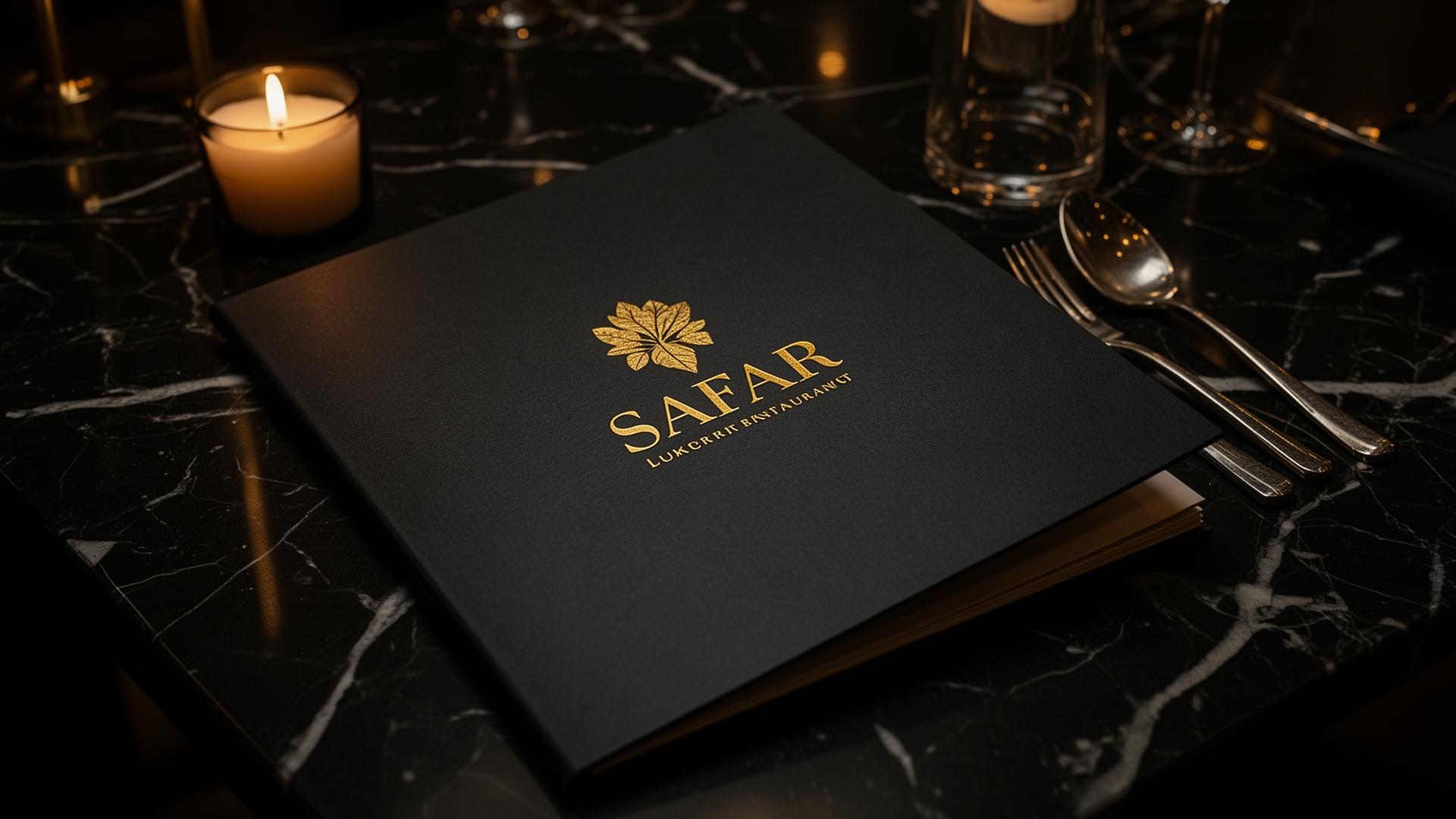 Printed menu — gold foil on matte black with botanical mark.